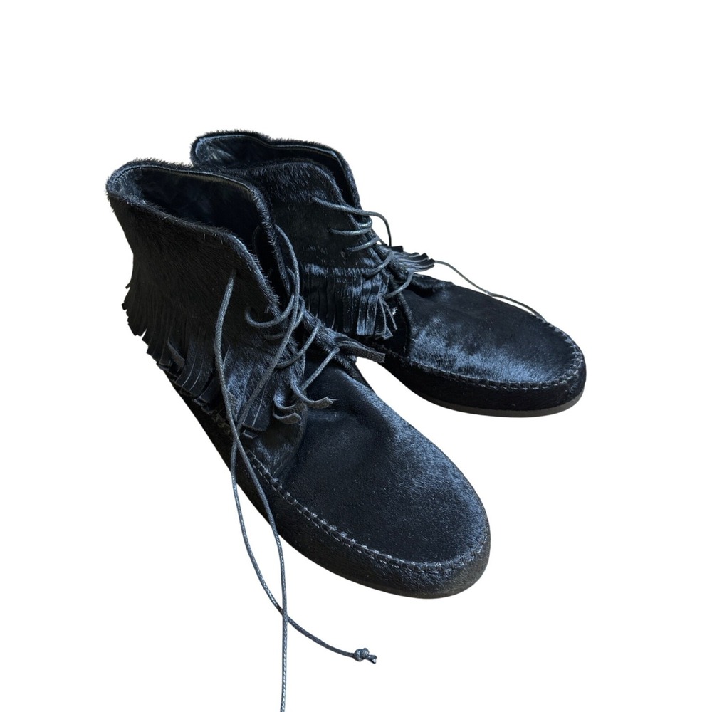 Jenni Kayne Size 37 / 7 Black Booties Fringe Ankle Boots Mocassins Lace Up...